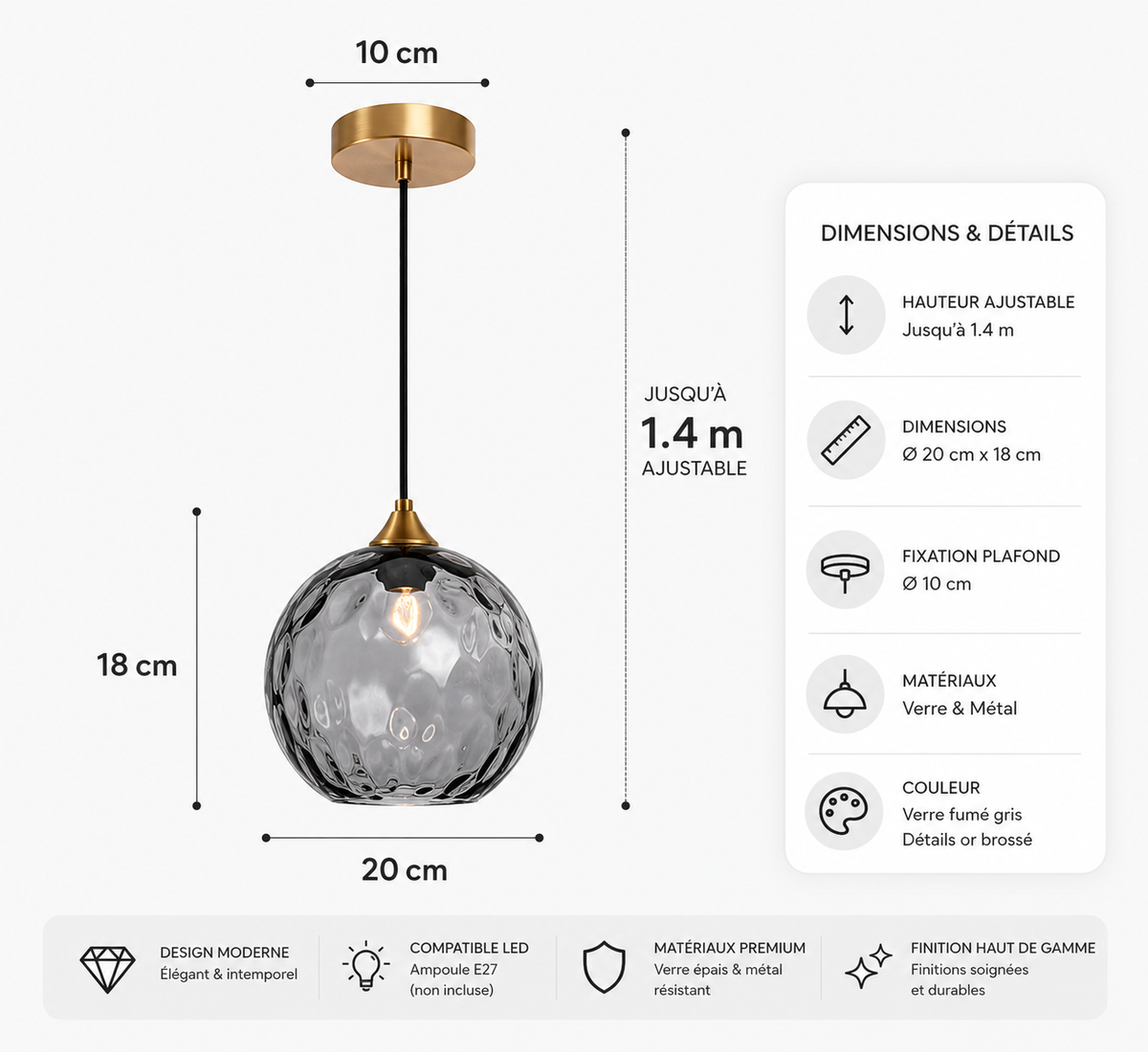 Lustre Sphérique Verre Motifs d'Eau Ambiance Nordique