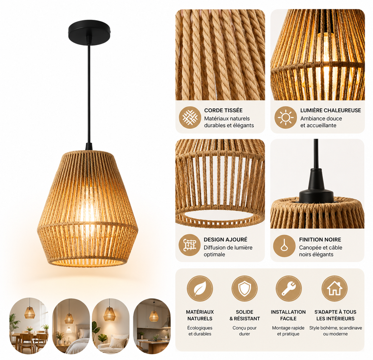Lustre Bohème en Corde de Chanvre avec LED - Design Créatif