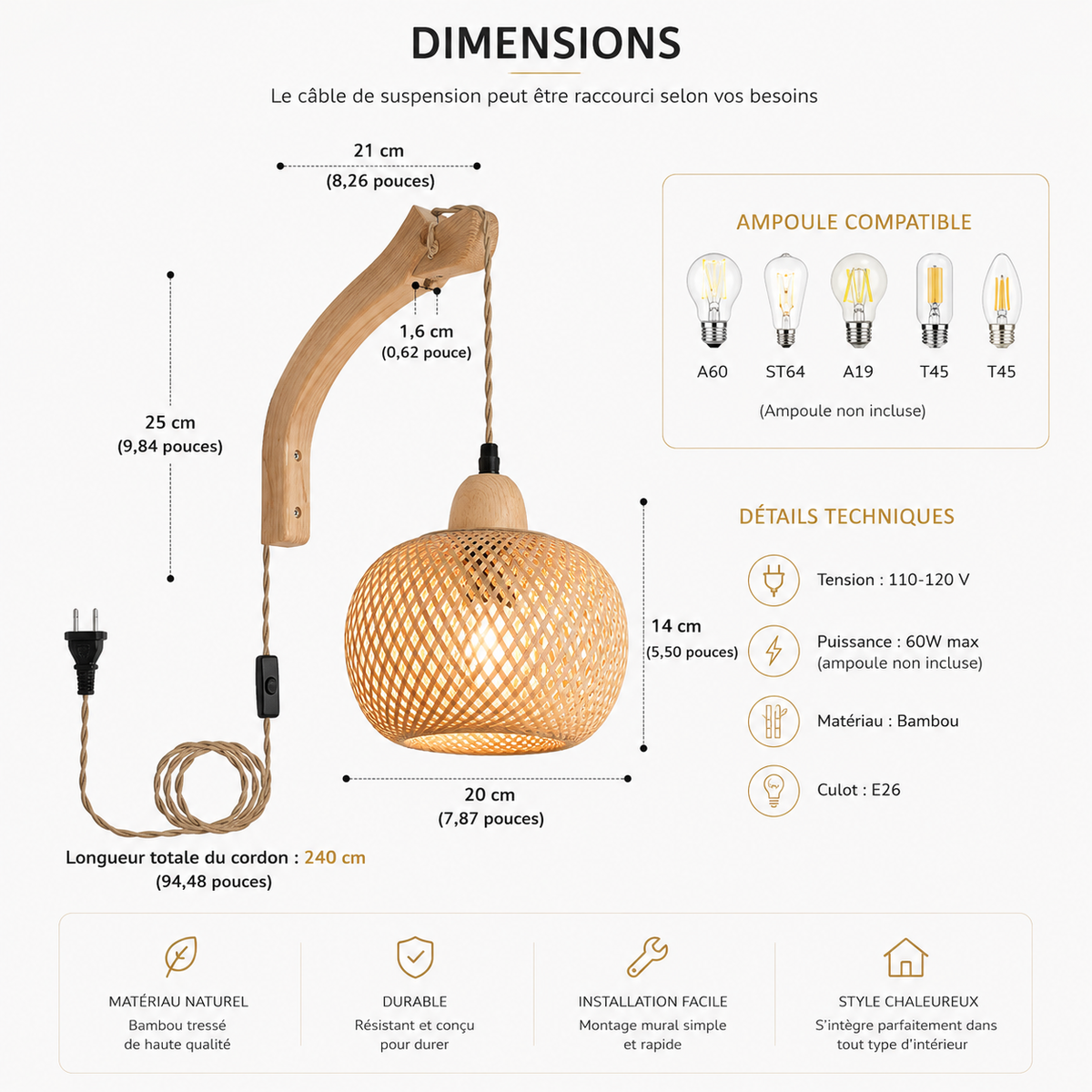 Applique Murale en Bambou et Rotin Naturel - Luminaire Tissé Main