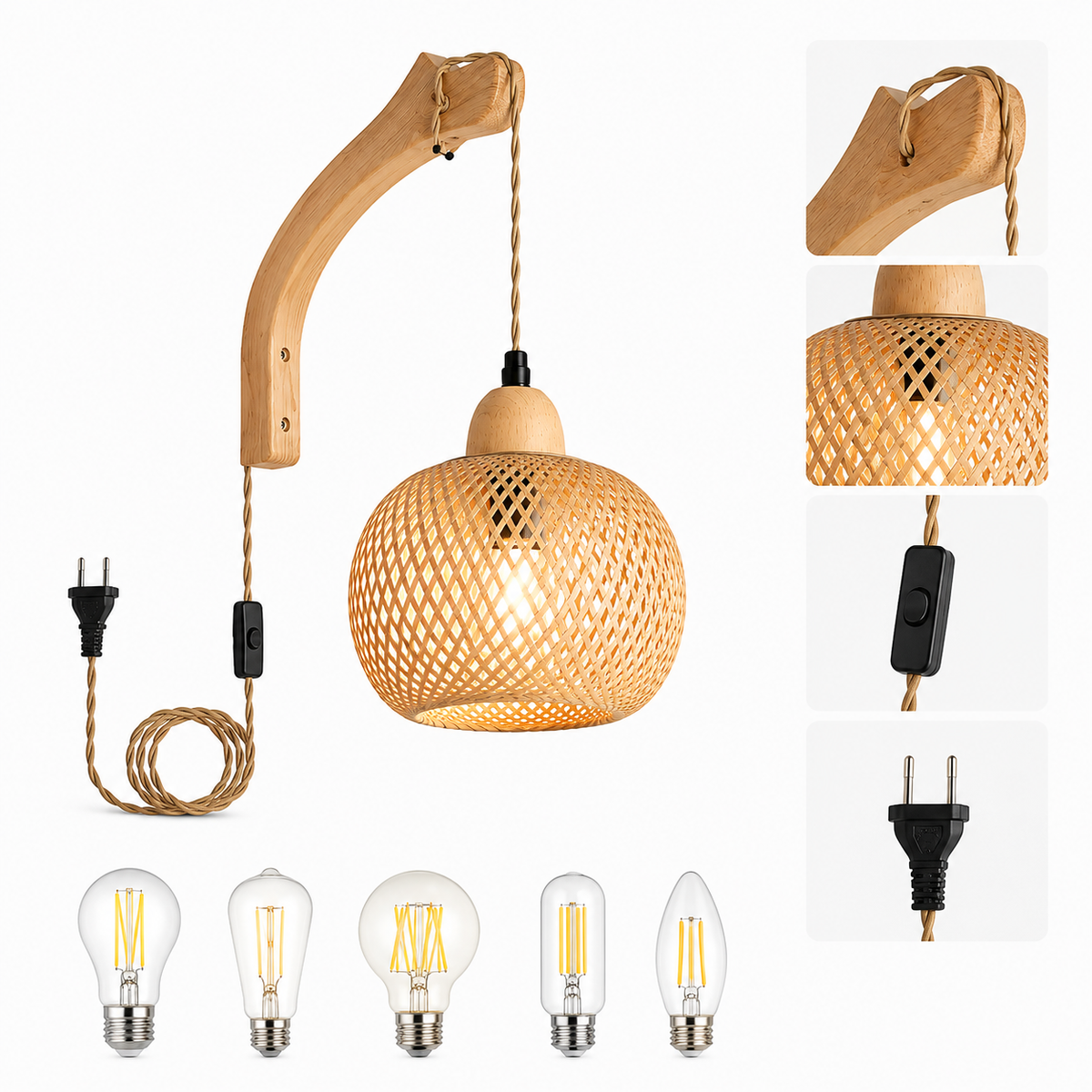 Applique Murale en Bambou et Rotin Naturel - Luminaire Tissé Main