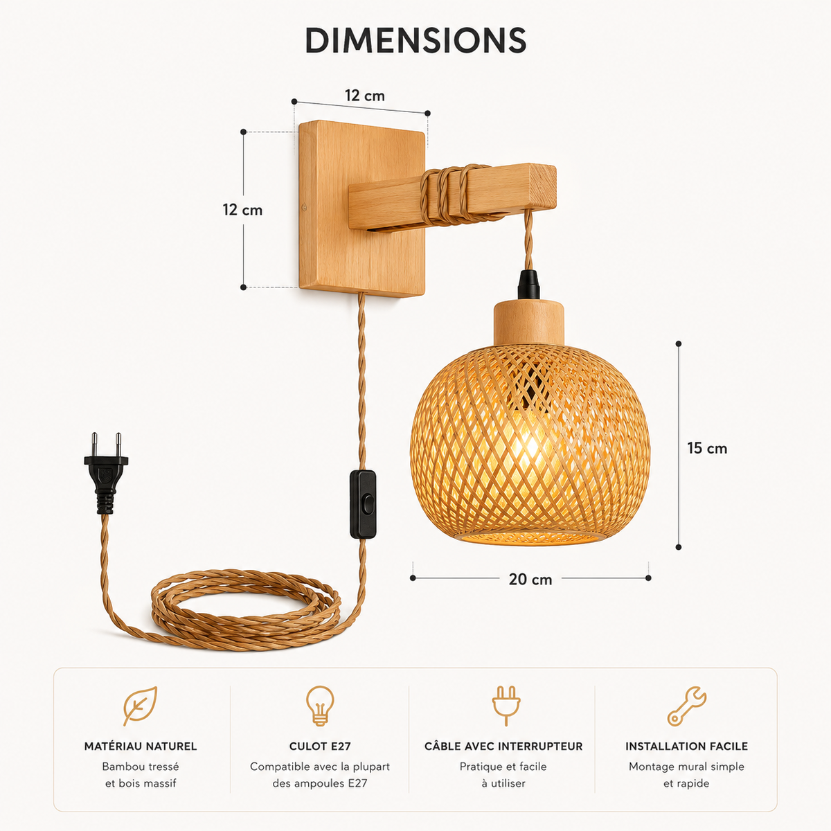 Applique Murale en Bambou et Rotin Naturel - Lampe Tissée à la Main
