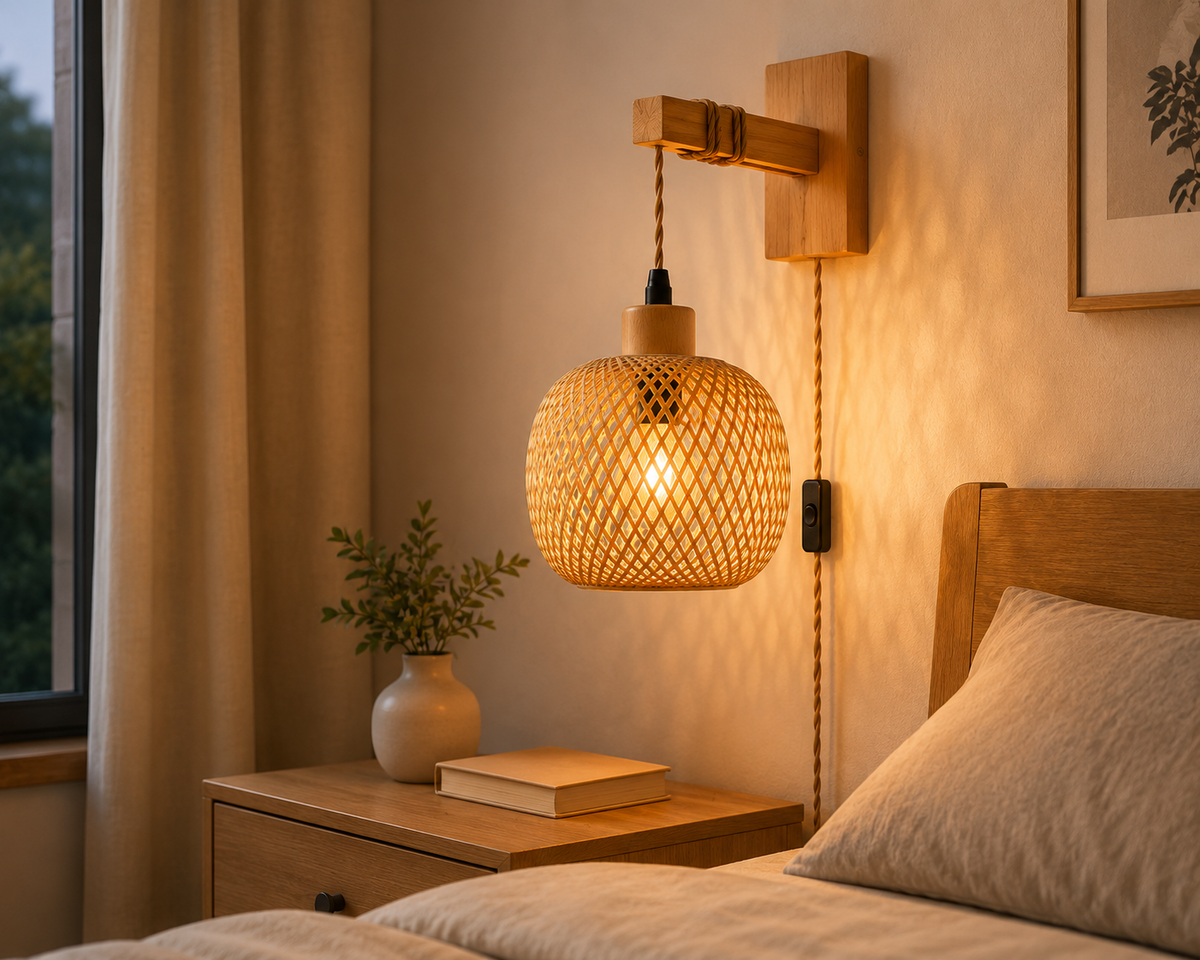 Applique Murale en Bambou et Rotin Naturel - Lampe Tissée à la Main
