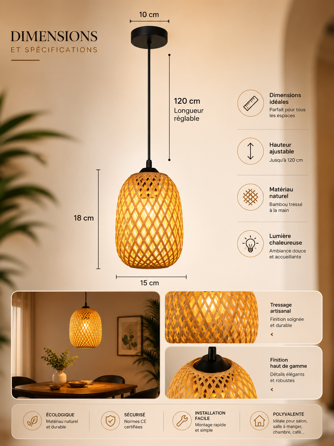 Lampe Suspendue Rotin & Bambou Tressé Main
