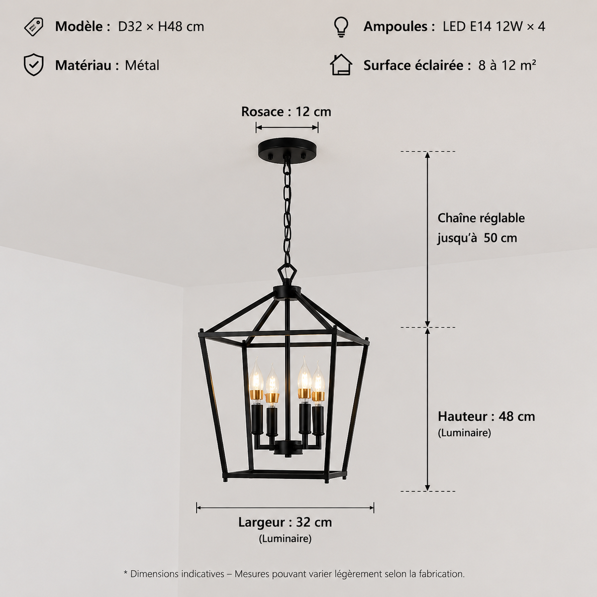 Lustre Lanterne Industriel Métal Noir & Doré-Luminaire Salon