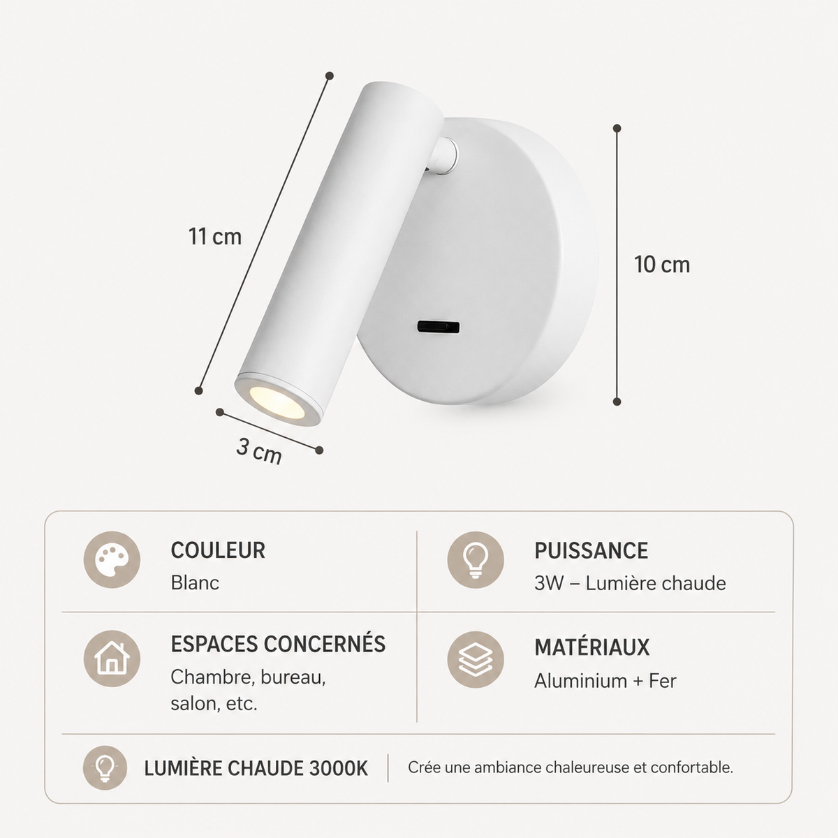 Applique Murale Spot LED Orientable | Interrupteur Intégré