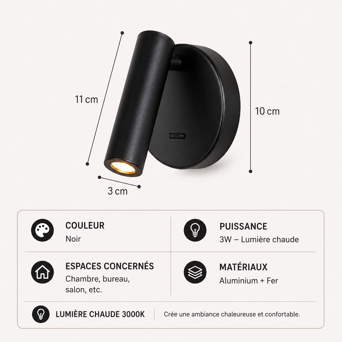 Applique Murale Spot LED Orientable | Interrupteur Intégré