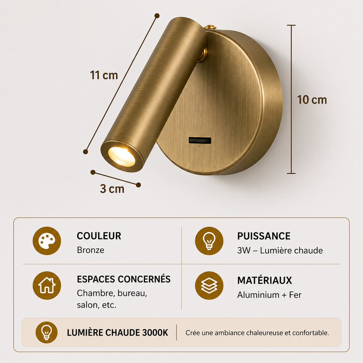 Applique Murale Spot LED Orientable | Interrupteur Intégré