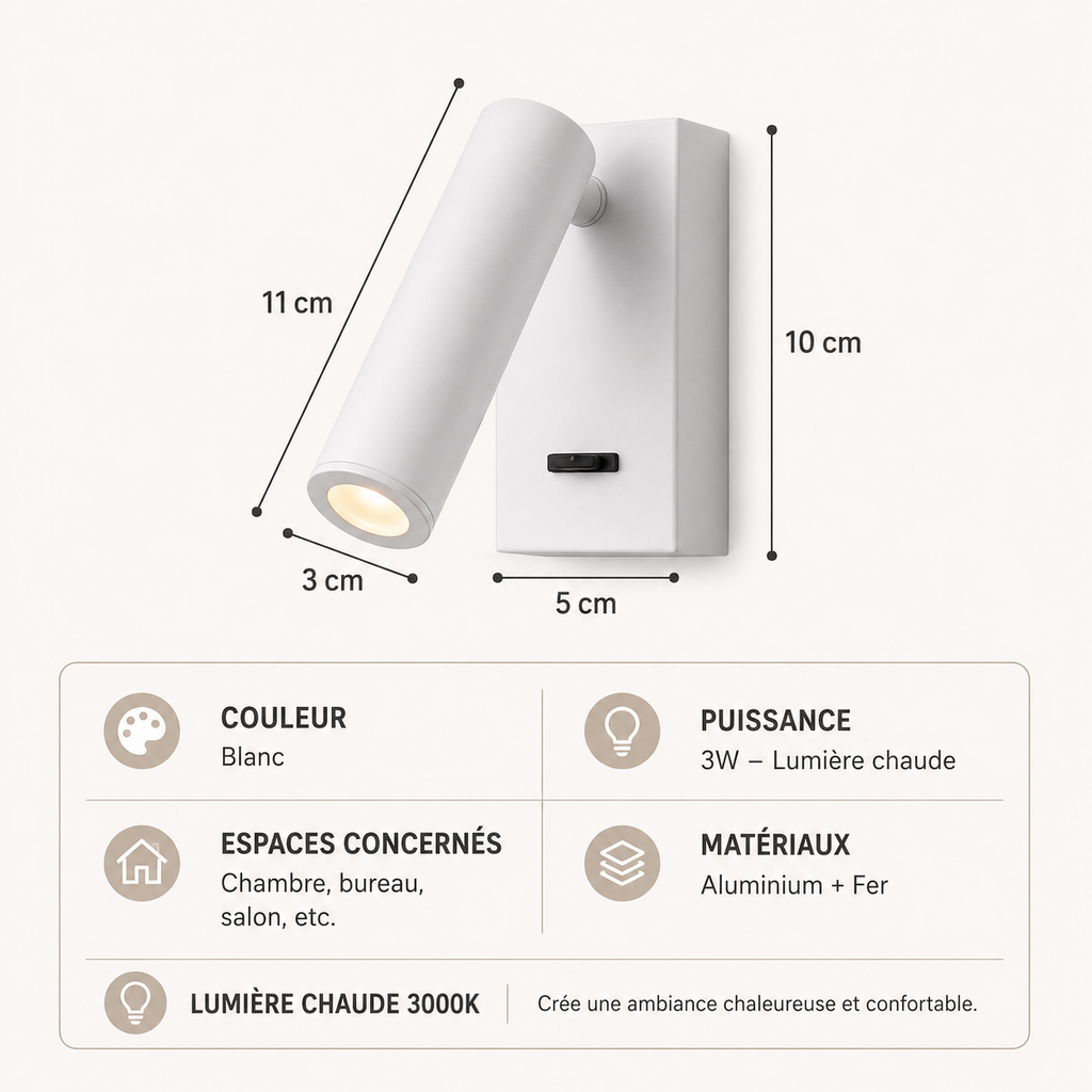 Applique Murale Spot LED Orientable | Interrupteur Intégré