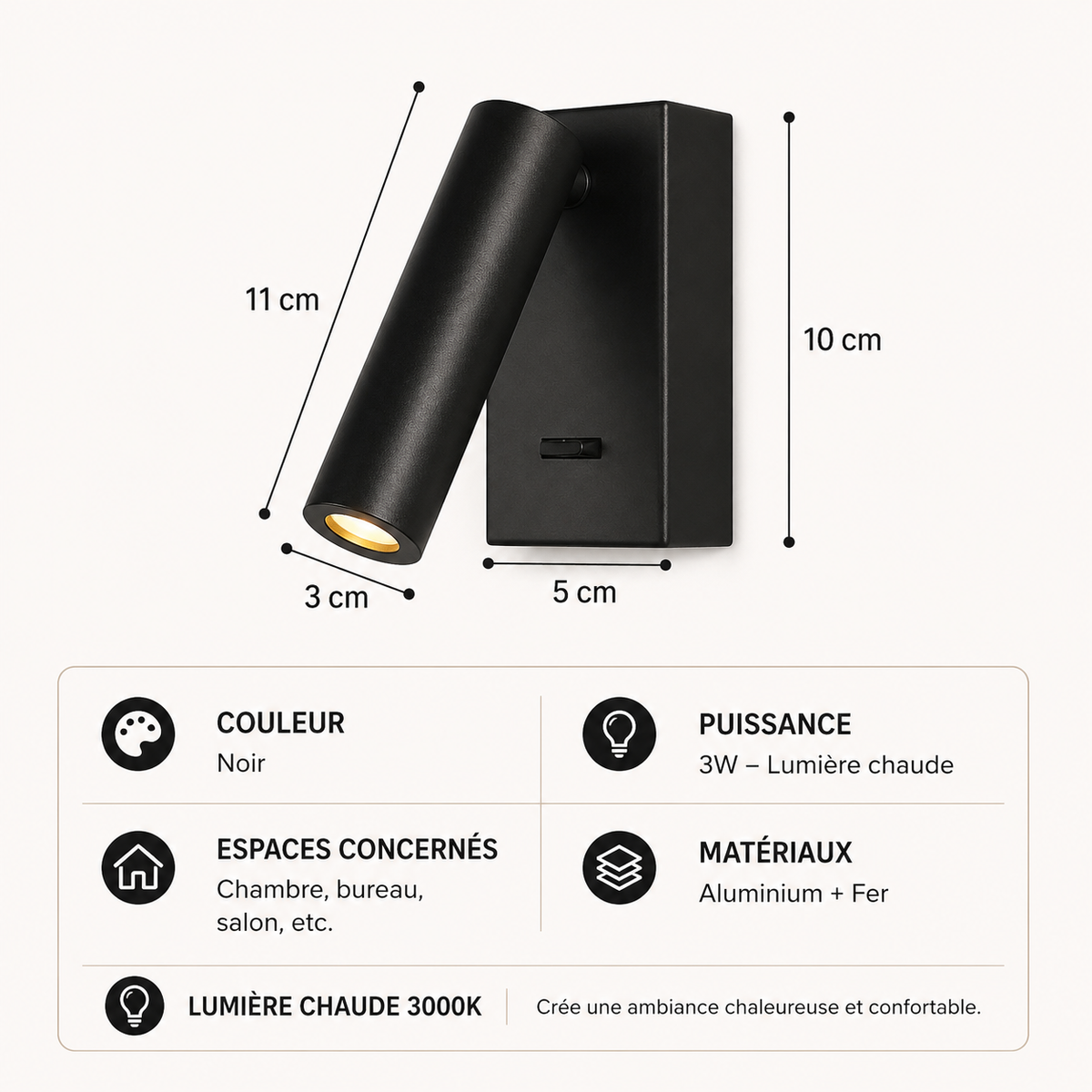 Applique Murale Spot LED Orientable | Interrupteur Intégré