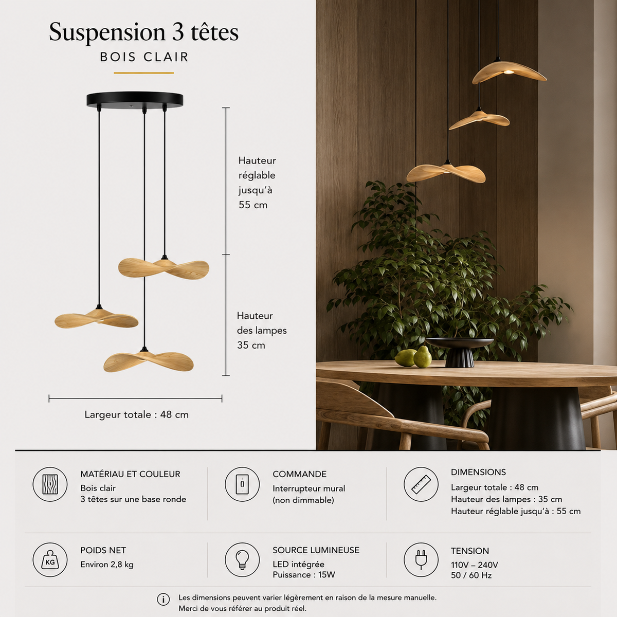 Lustre Japonais Wabi-Sabi en Bois – Suspension en Bois