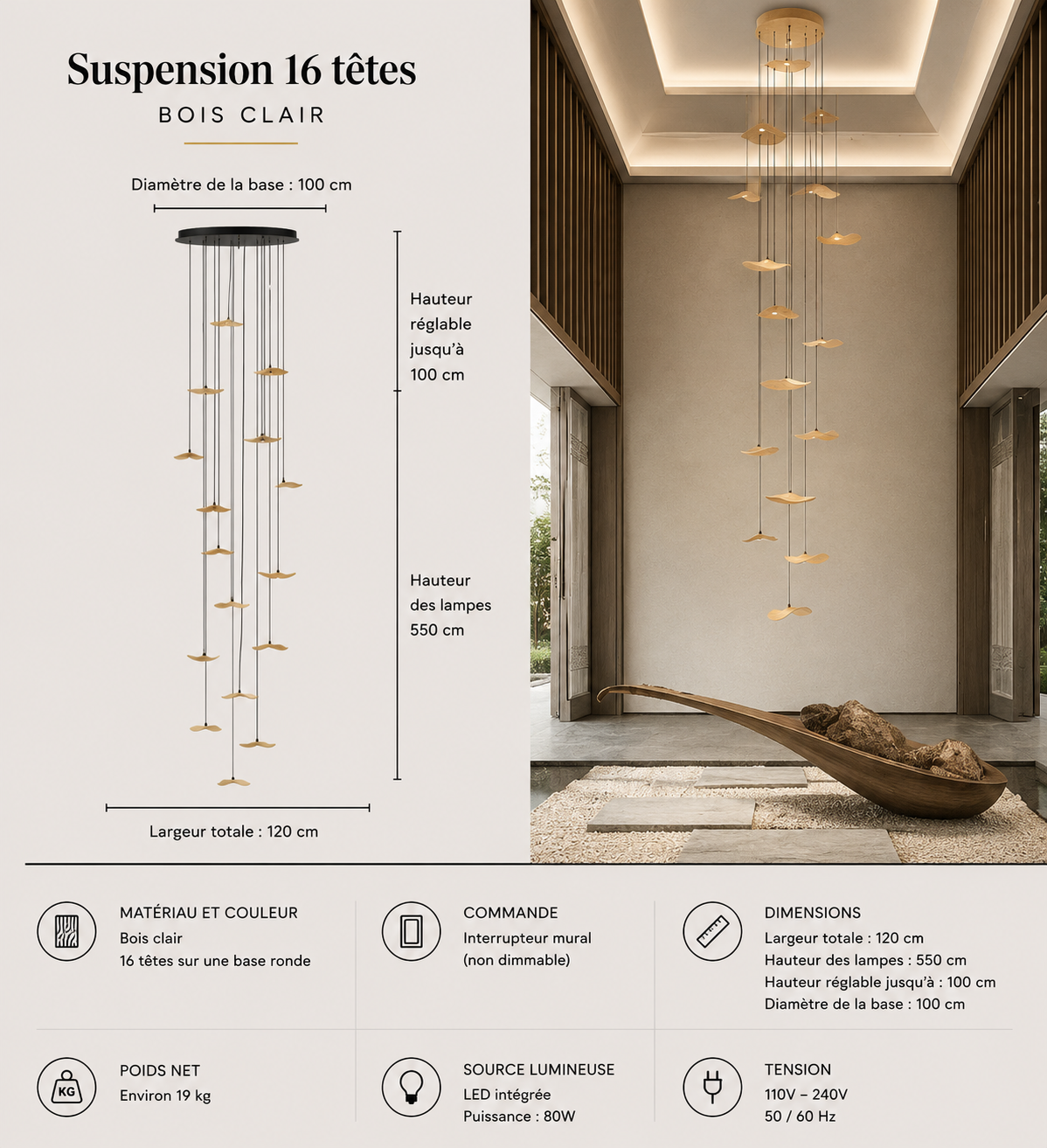 Lustre Japonais Wabi-Sabi en Bois – Suspension en Bois