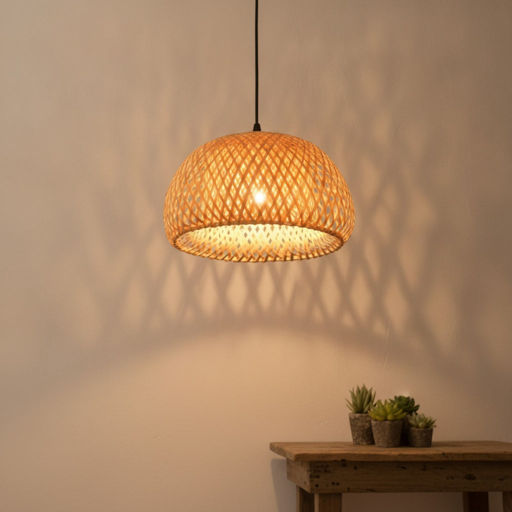 Lampe Suspension Bambou & Rotin Naturel - Luminaire Tissé Main Style Bohème