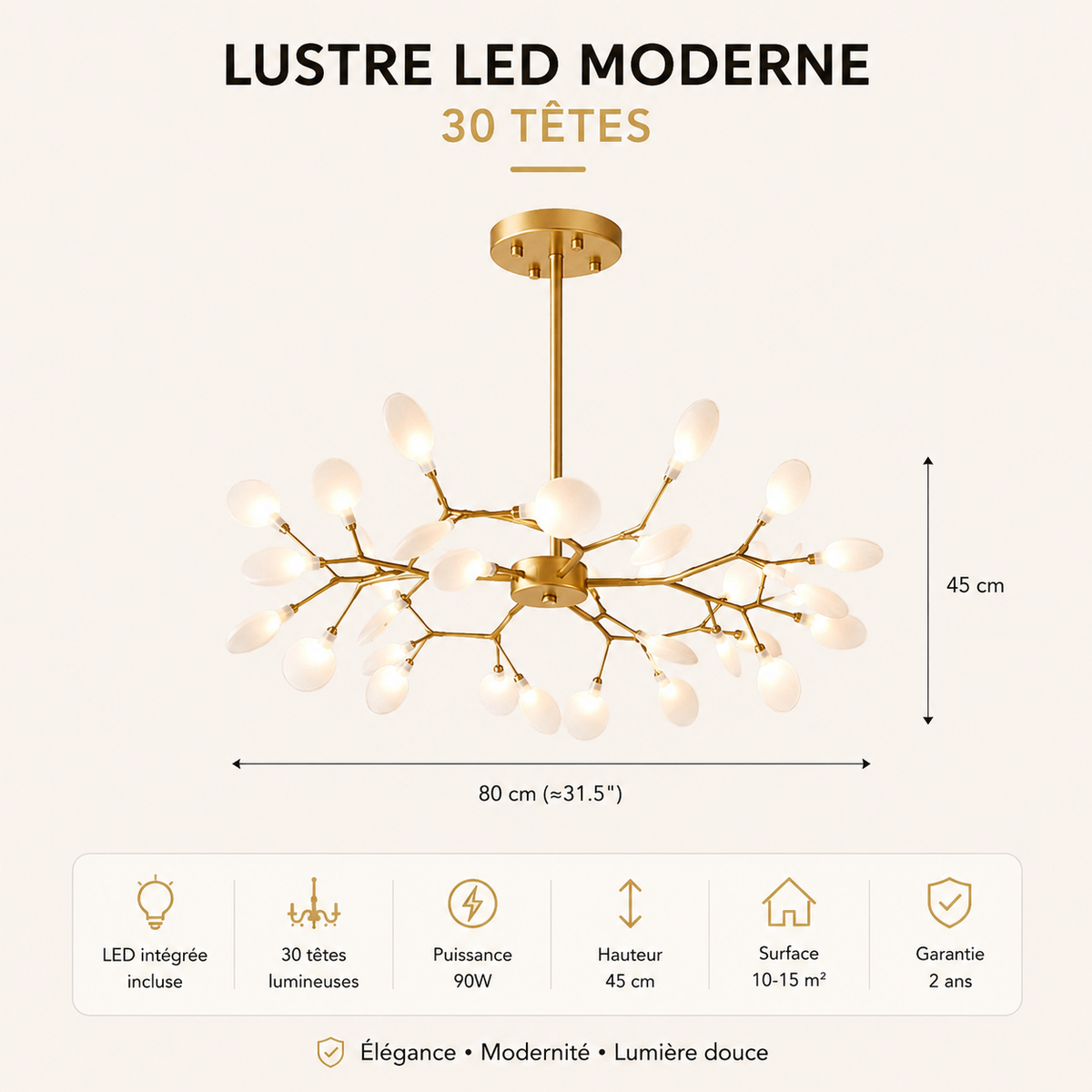 Lustre LED Nordique Doré & Noir Luminaire Élégant pour Salon et Chambre