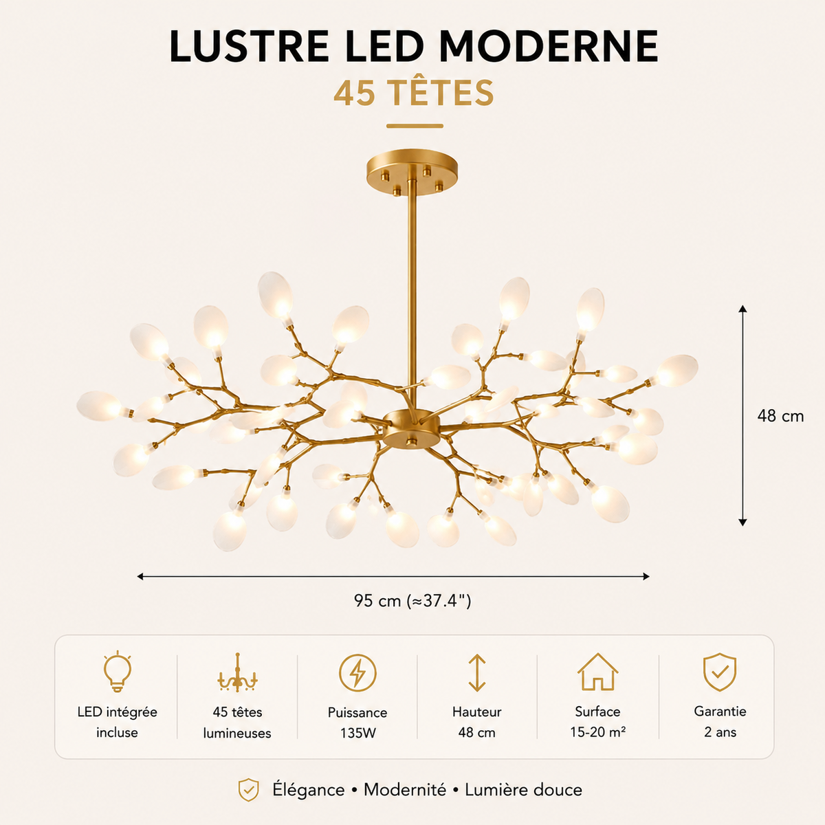 Lustre LED Nordique Doré & Noir Luminaire Élégant pour Salon et Chambre