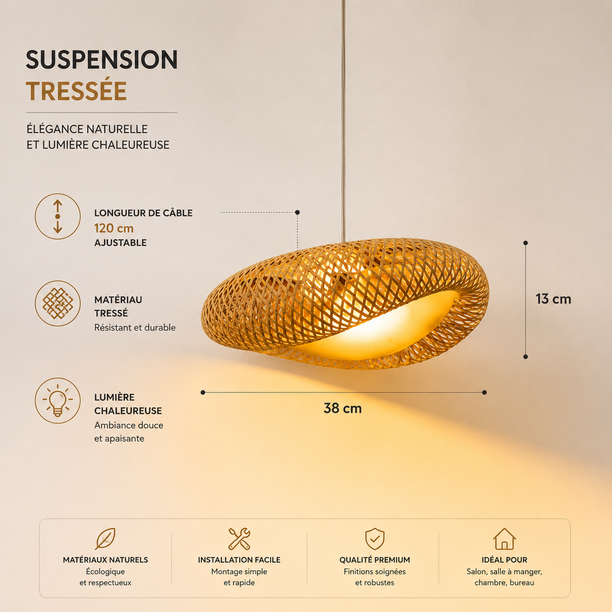 Lustre Suspendu en Bambou Tissé à la Main - Style Vintage