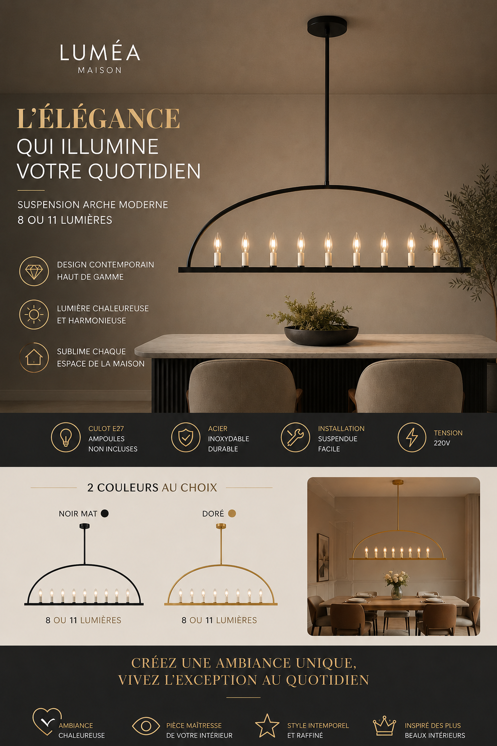 Suspension Arche Moderne – Lustre Design Salle à Manger