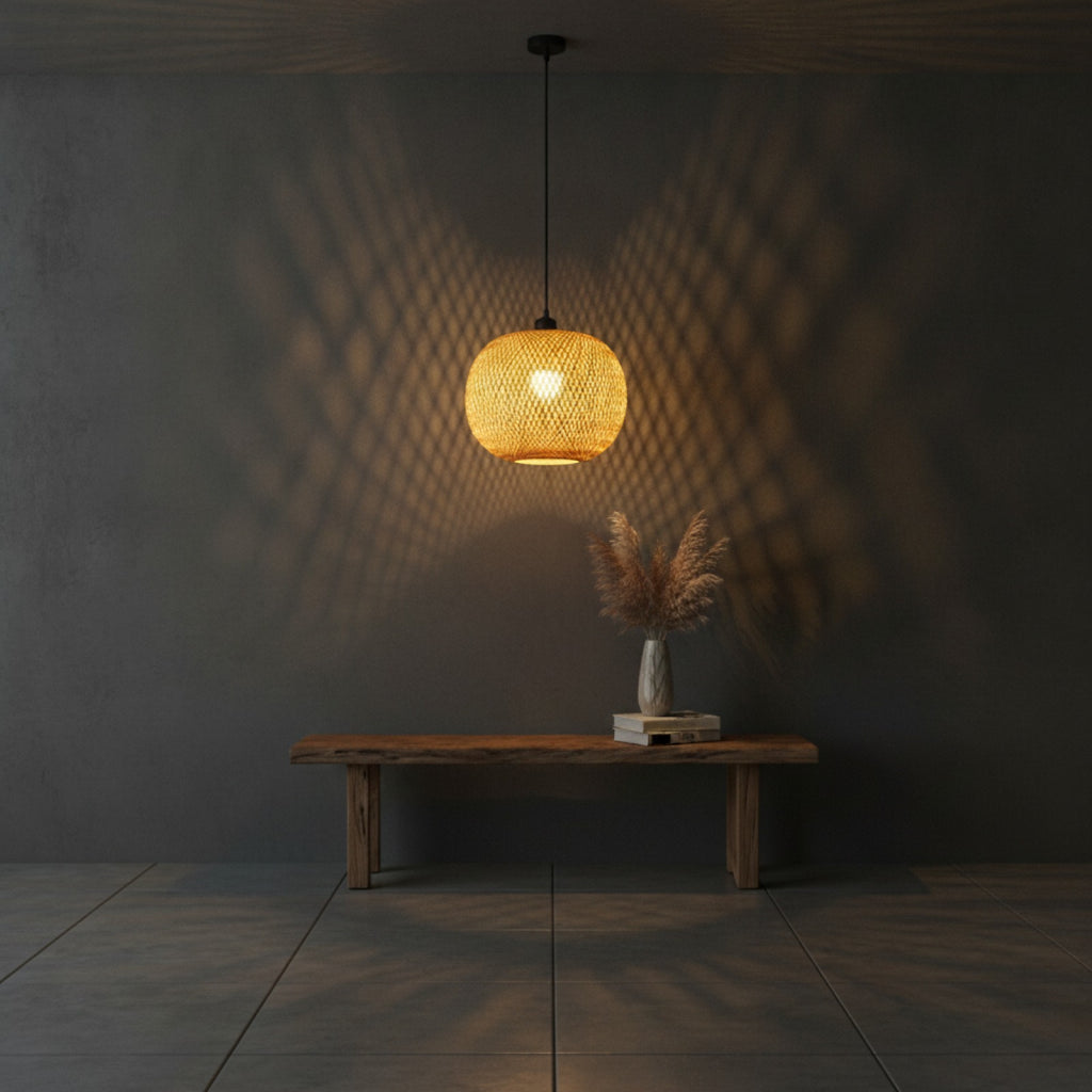 Lustre Suspendu en Bambou Tressé - Style Rétro Rustique (20cm)