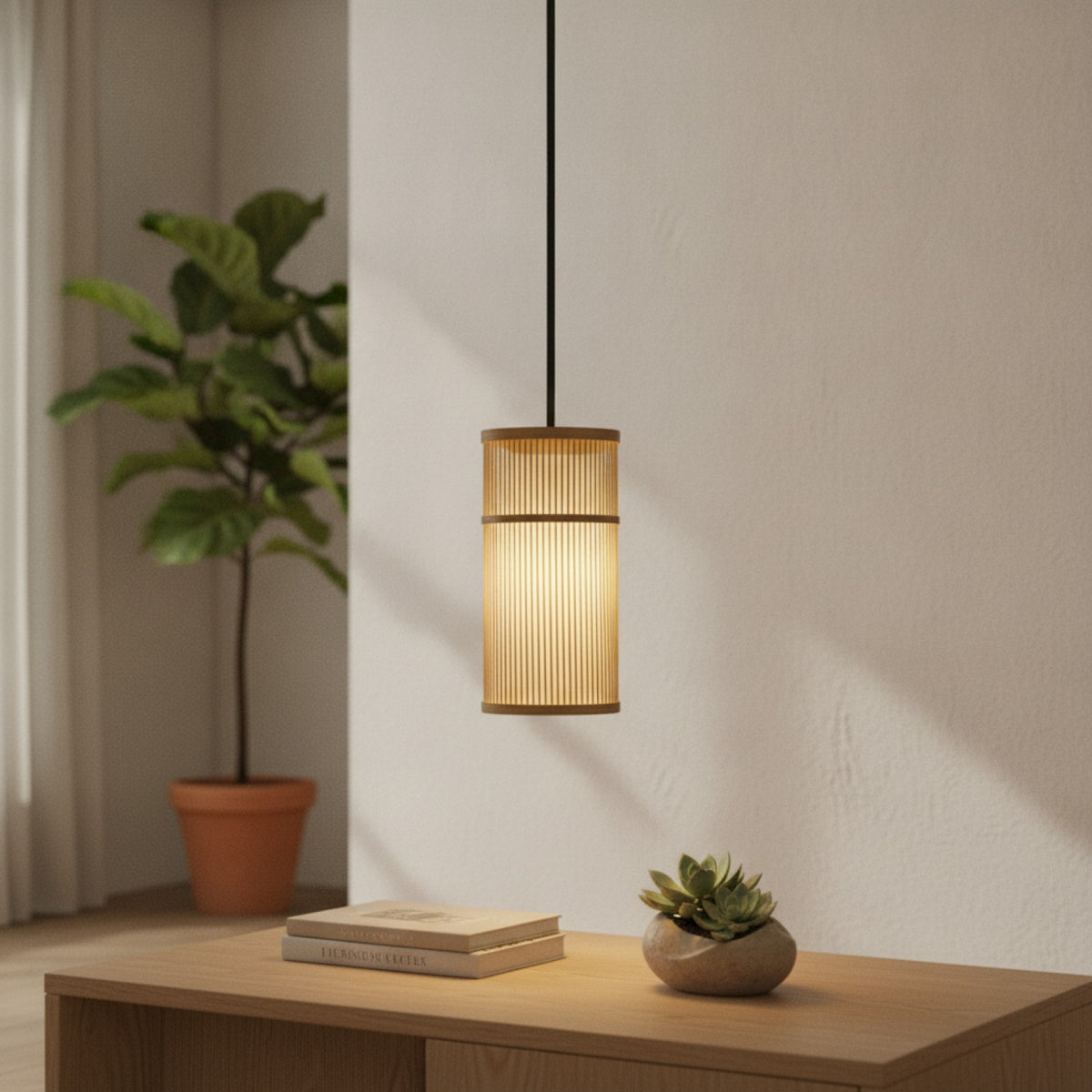 Lampe Suspendue Design Bambou Rotin Osier - Tressage Artisanal, Ø 16x33cm