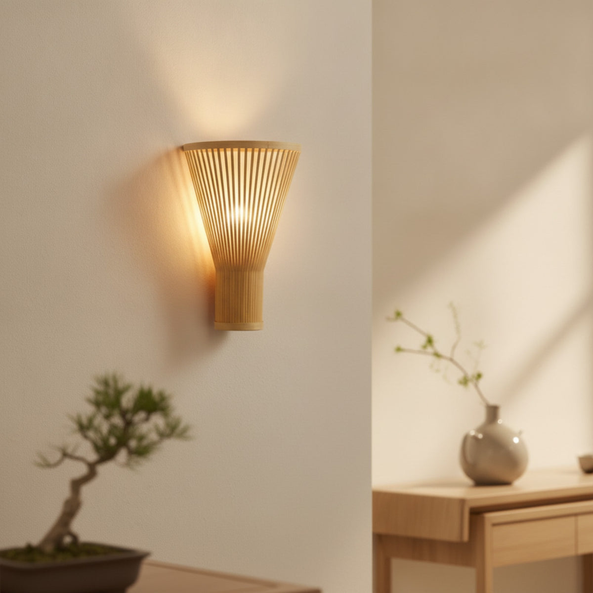 Applique Murale Bambou Style Japonais - Lampe de Chevet Tissée à la Main (25x40cm)