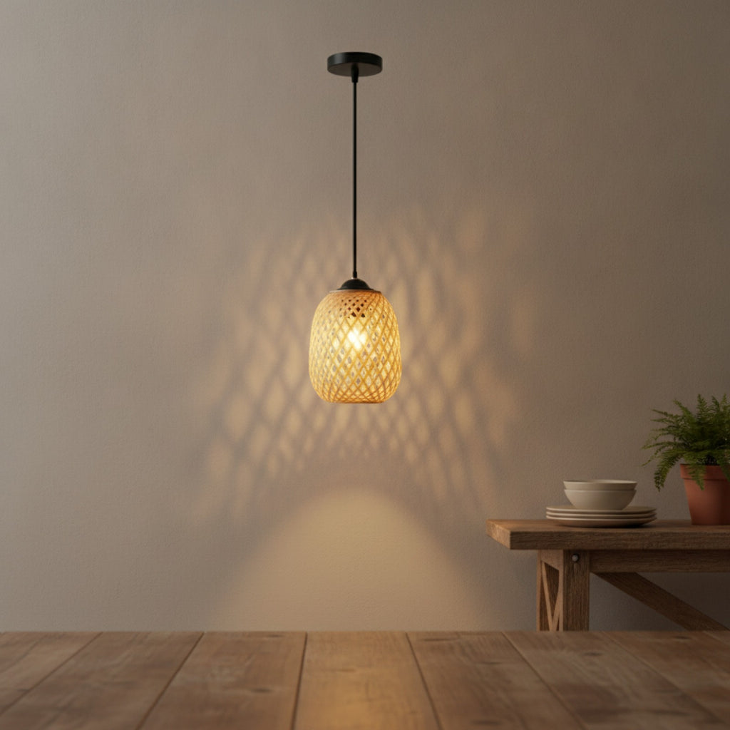 Lampe Suspendue Rotin & Bambou Tressé Main - Ø 15x18cm