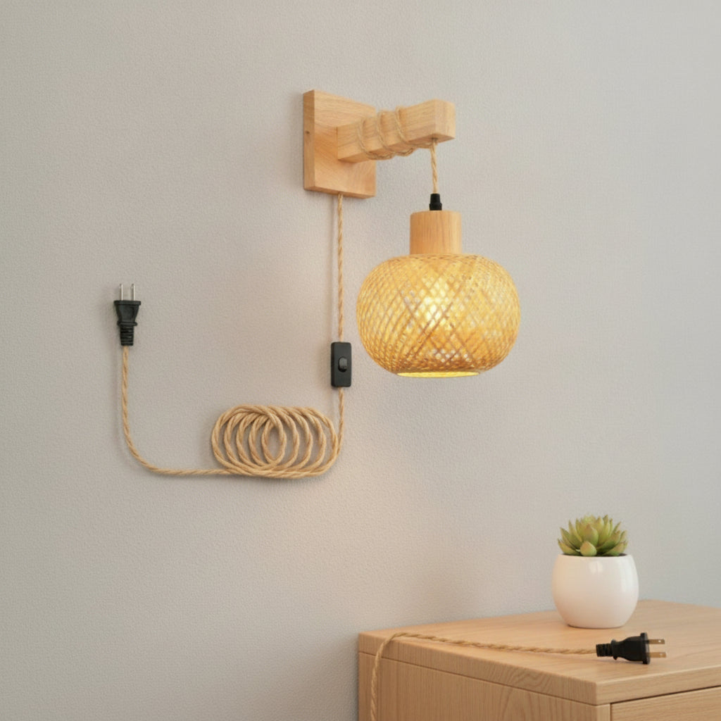 Applique Murale en Bambou et Rotin Naturel - Lampe Tissée à la Main, Douille E27