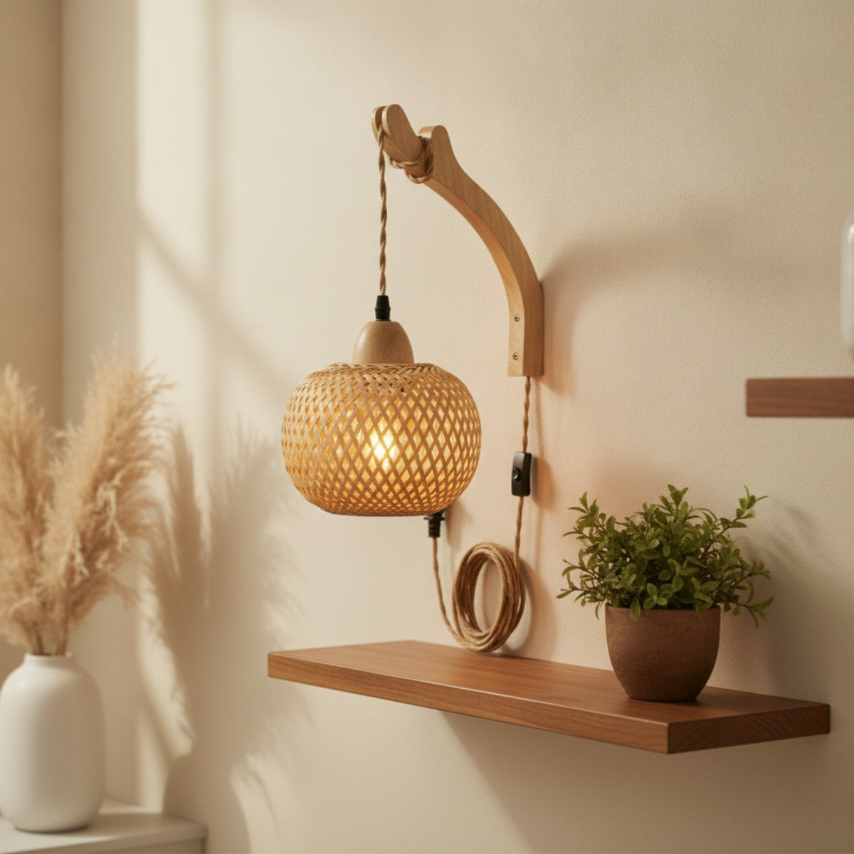 Applique Murale en Bambou et Rotin Naturel - Luminaire Tissé Main, Douille E27