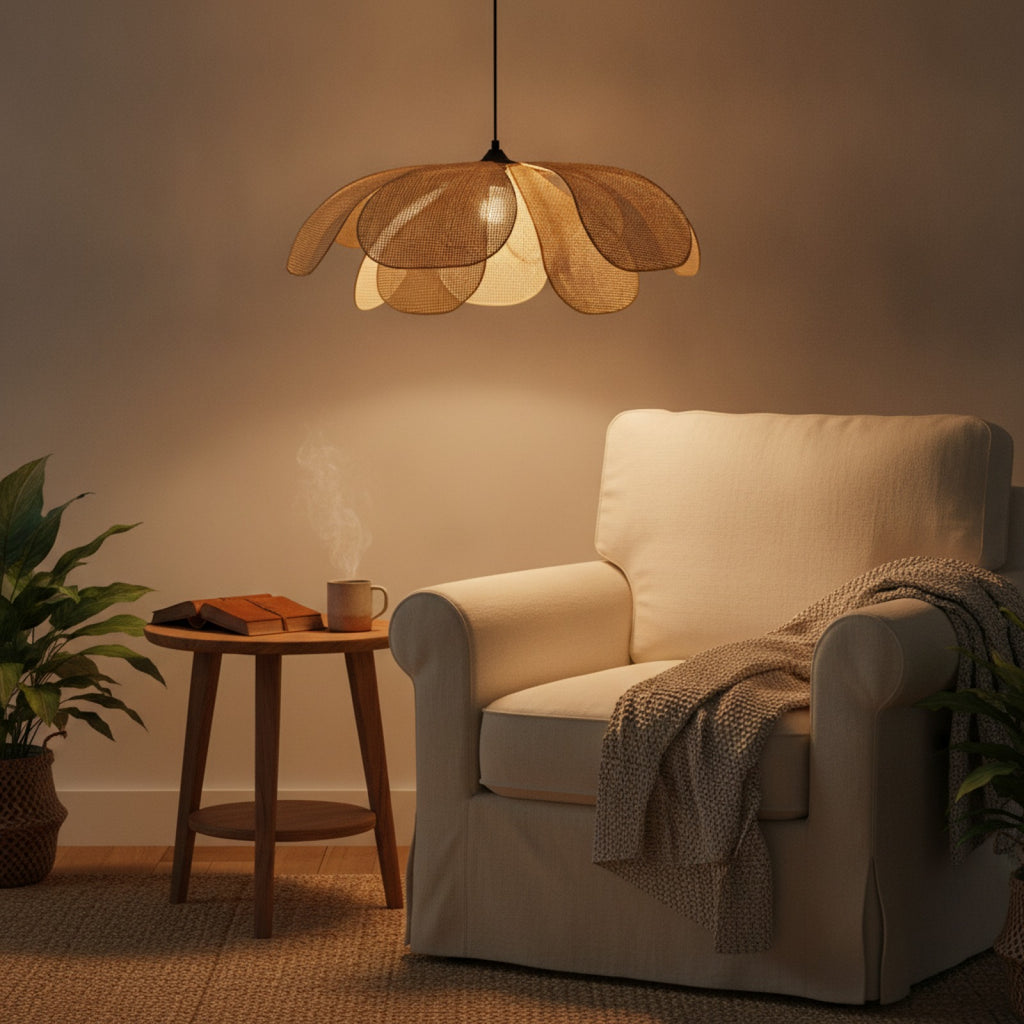 Lampe LED suspendue en forme de pétale tissé en rotin, 3 couleurs, pour salle à manger, chambre à coucher, salon, salon de thé, décoration de la maison, luminaire