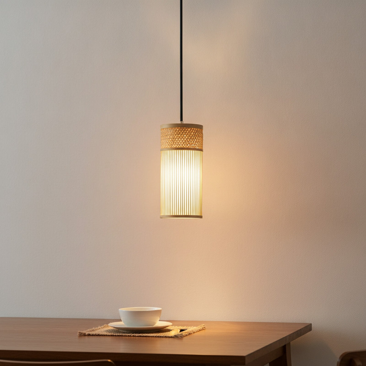 Lampe Suspendue Design Bambou Rotin Osier - Tressage Artisanal, Ø 16x33cm