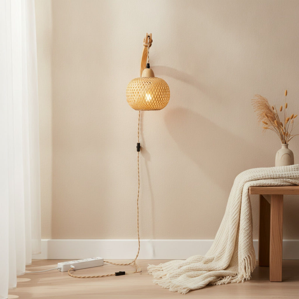 Applique Murale en Bambou et Rotin Naturel - Luminaire Tissé Main, Douille E27
