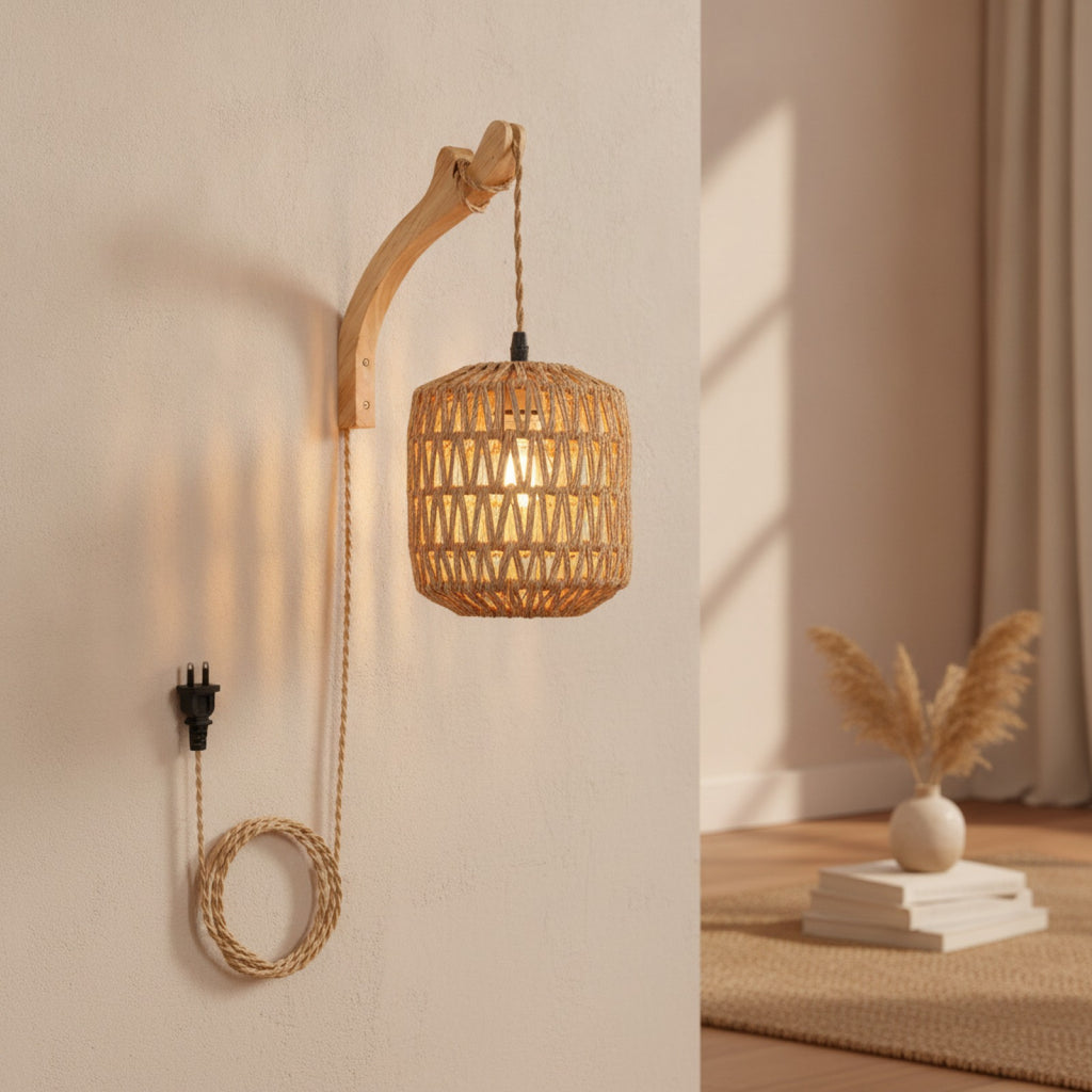 Applique Murale en Bambou Naturel Tissée à la Main - Style Bohème, Douille E27