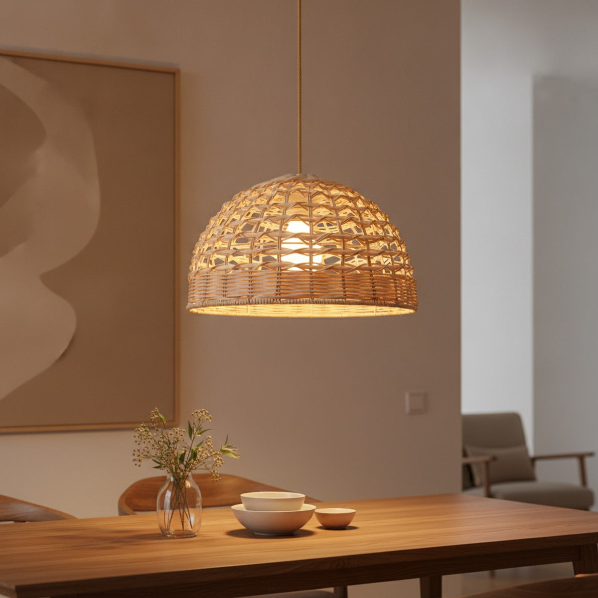 Lampe Suspension Bambou & Rotin - Lustre Tressé Main pour Salle à Manger