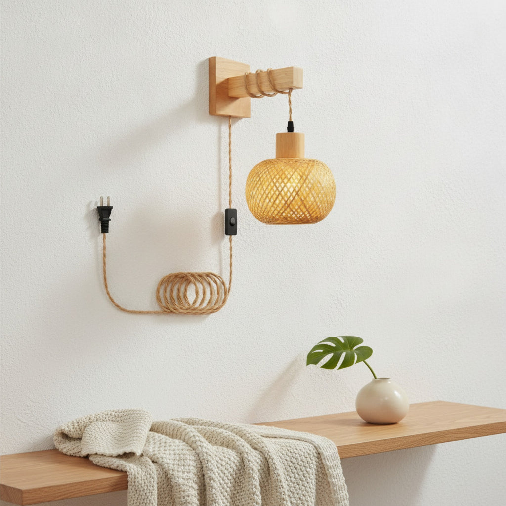 Applique Murale en Bambou et Rotin Naturel - Lampe Tissée à la Main, Douille E27