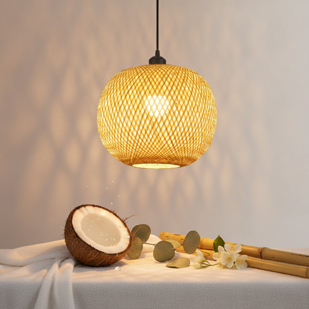 Lustre Suspendu en Bambou Tressé - Style Rétro Rustique (20cm)
