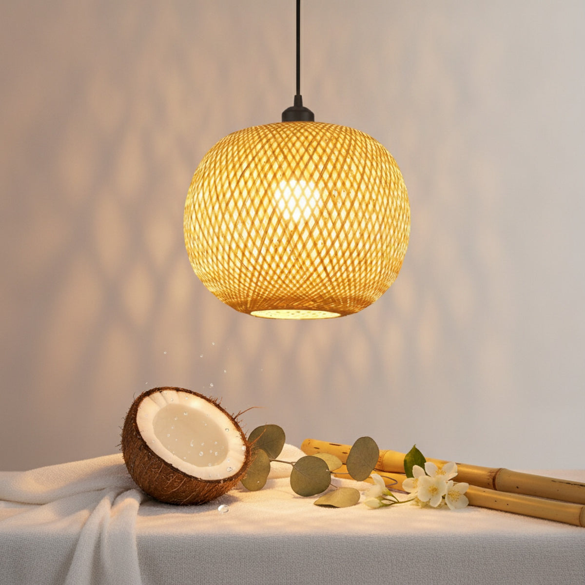 Lustre Suspendu en Bambou Tressé - Style Rétro Rustique (20cm)