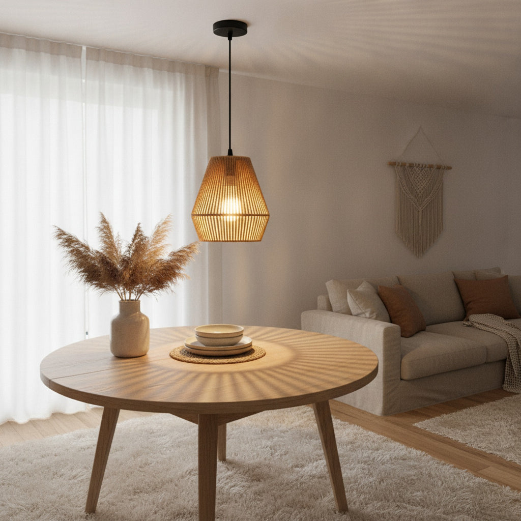 Lustre Bohème en Corde de Chanvre avec LED - Design Créatif pour Salon & Salle à Manger