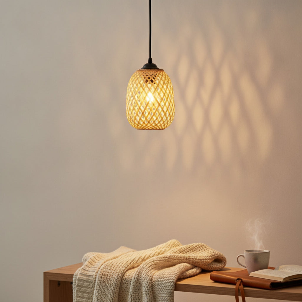 Lampe Suspendue Rotin & Bambou Tressé Main - Ø 15x18cm