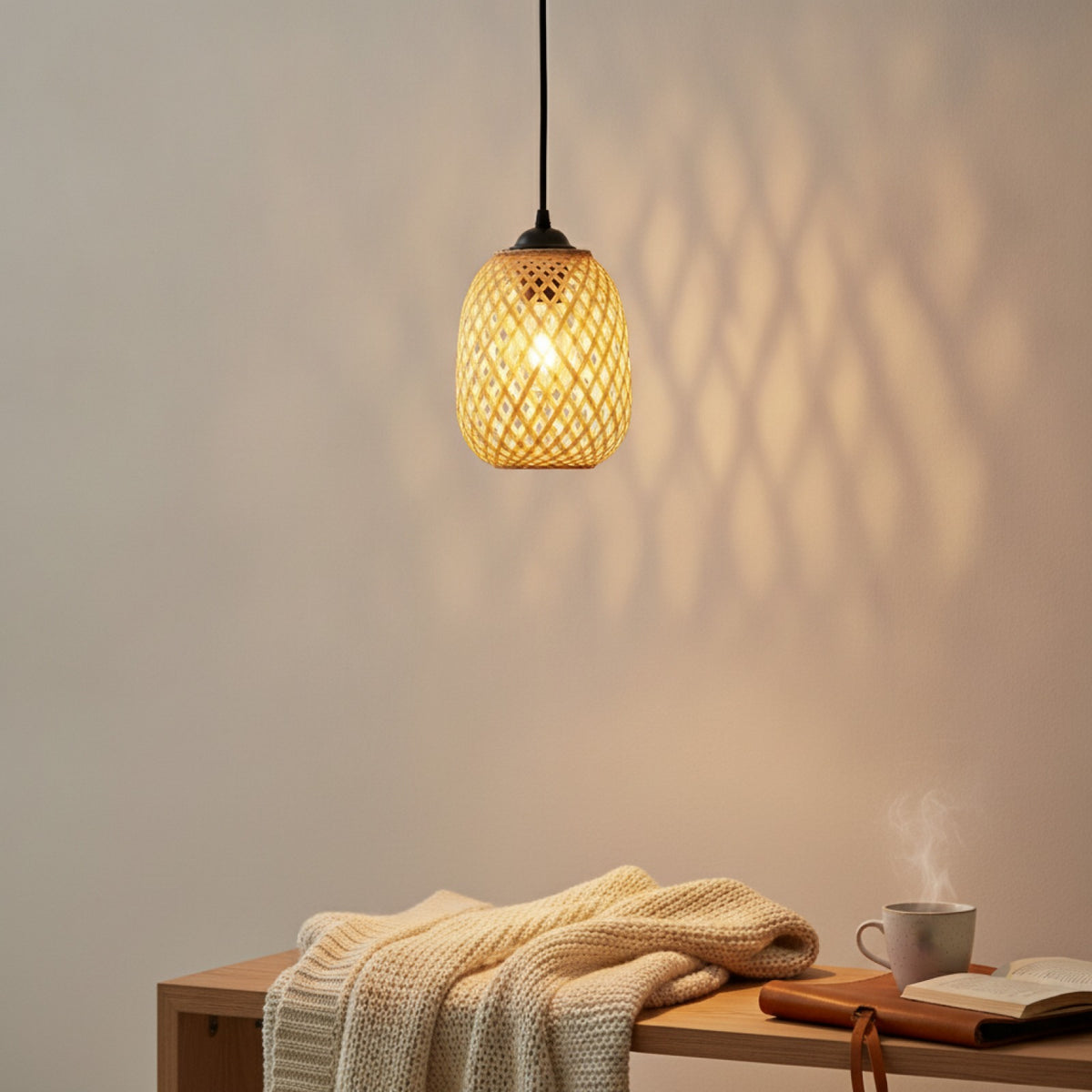Lampe Suspendue Rotin & Bambou Tressé Main - Ø 15x18cm