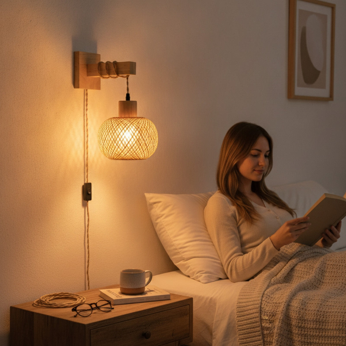 Applique Murale en Bambou et Rotin Naturel - Lampe Tissée à la Main, Douille E27