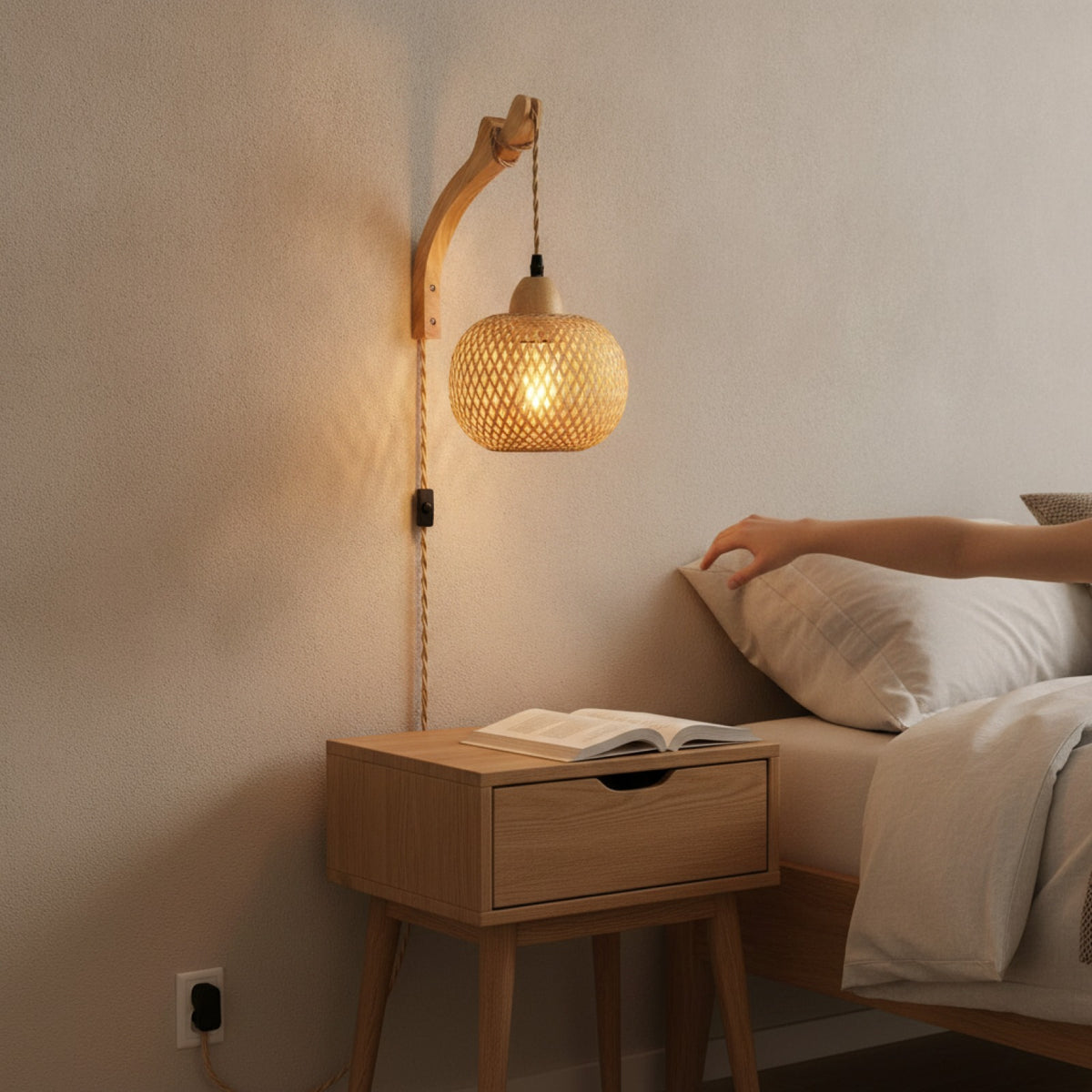 Applique Murale en Bambou et Rotin Naturel - Luminaire Tissé Main, Douille E27