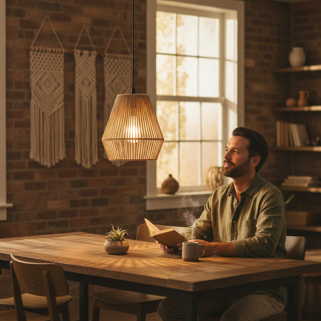 Lustre Bohème en Corde de Chanvre avec LED - Design Créatif pour Salon & Salle à Manger
