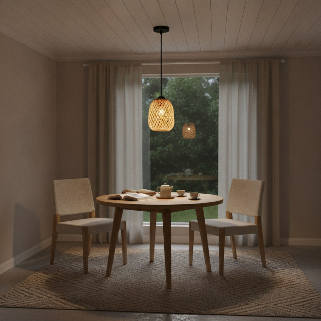 Lampe Suspendue Rotin & Bambou Tressé Main - Ø 15x18cm
