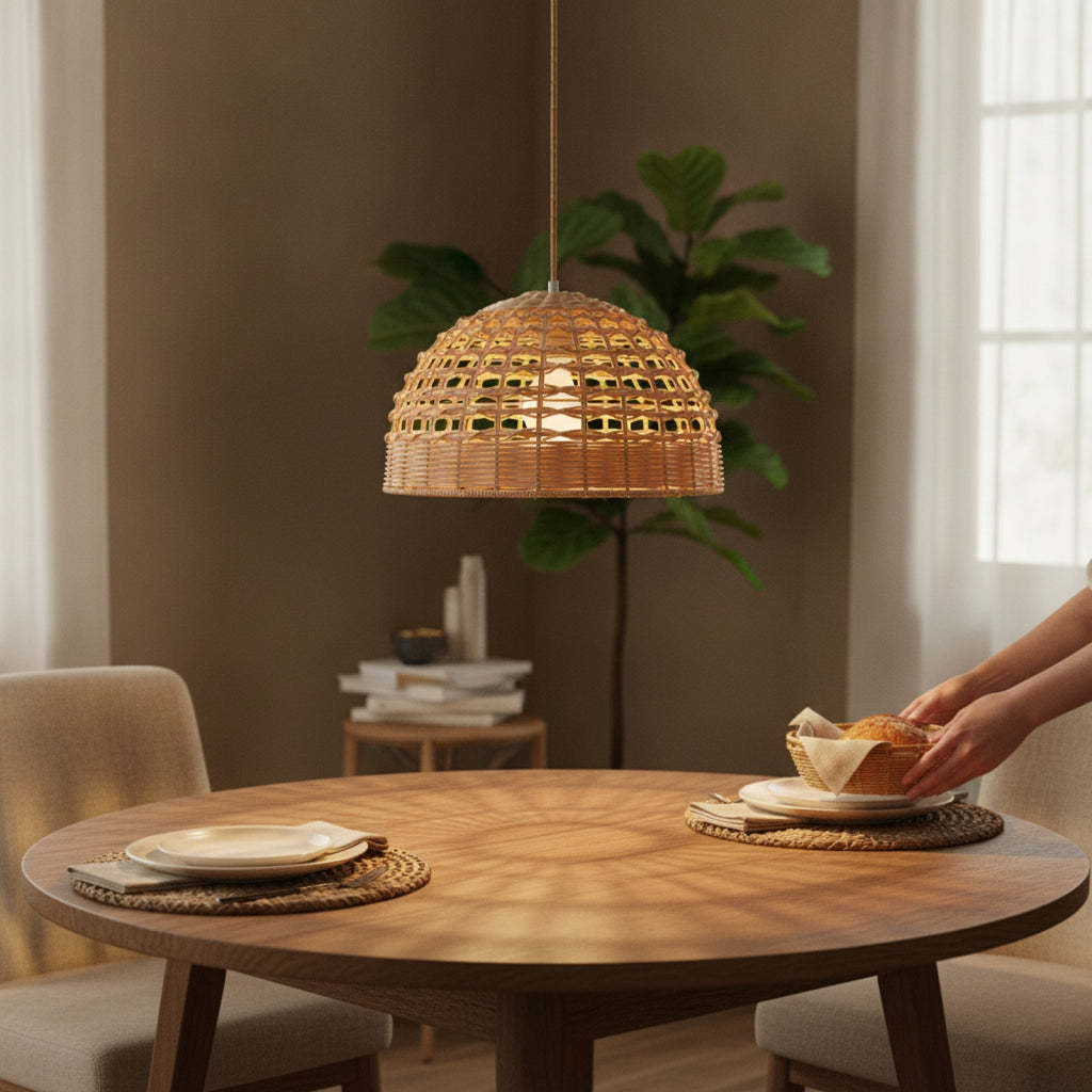 Lampe Suspension Bambou & Rotin - Lustre Tressé Main pour Salle à Manger