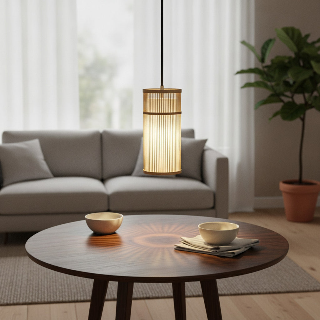 Lampe Suspendue Design Bambou Rotin Osier - Tressage Artisanal, Ø 16x33cm