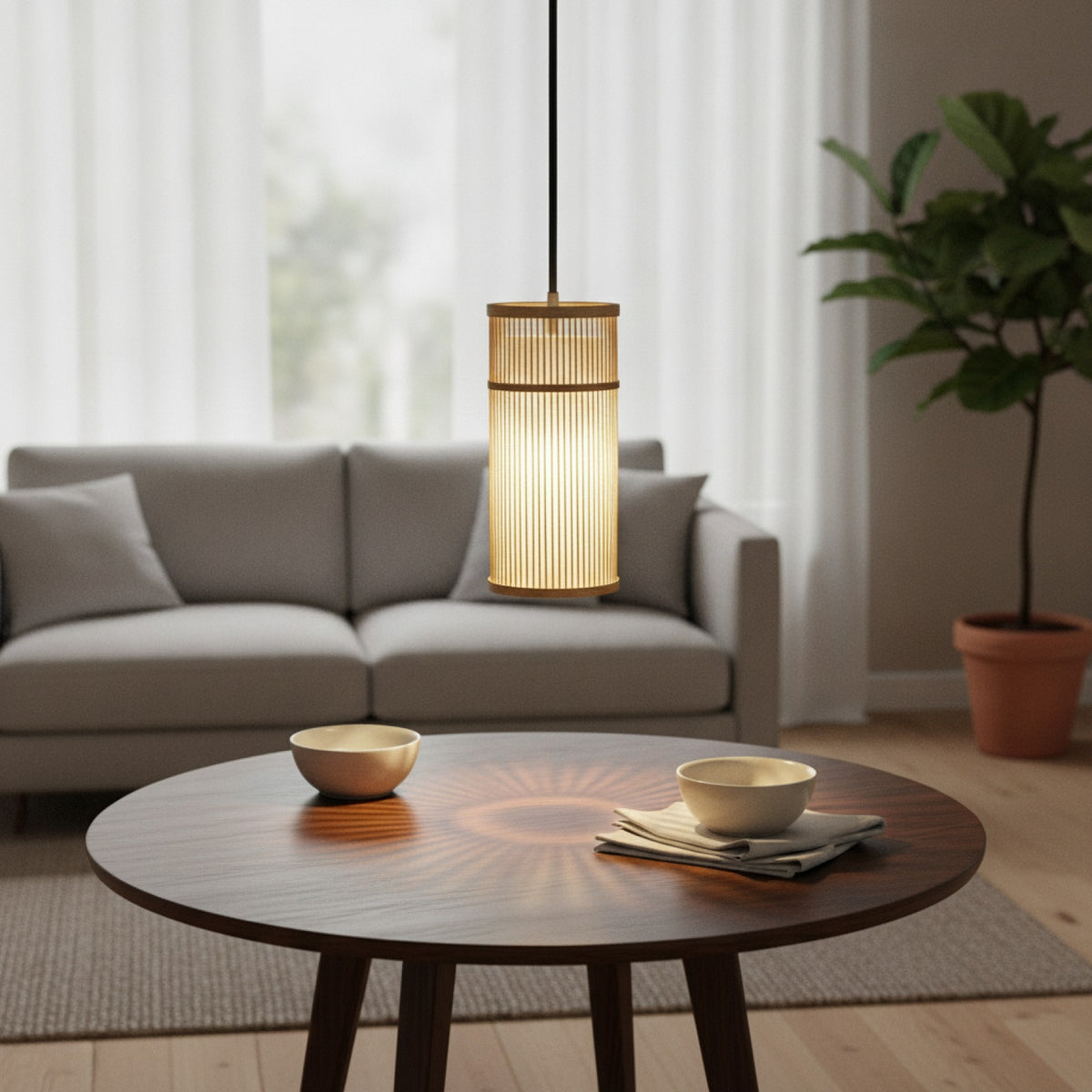 Lampe Suspendue Design Bambou Rotin Osier - Tressage Artisanal, Ø 16x33cm