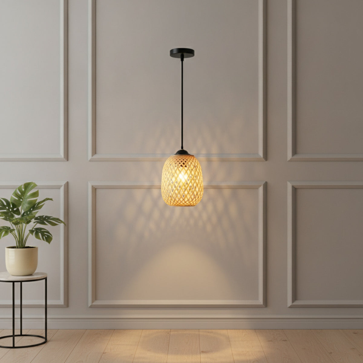 Lampe Suspendue Rotin & Bambou Tressé Main - Ø 15x18cm