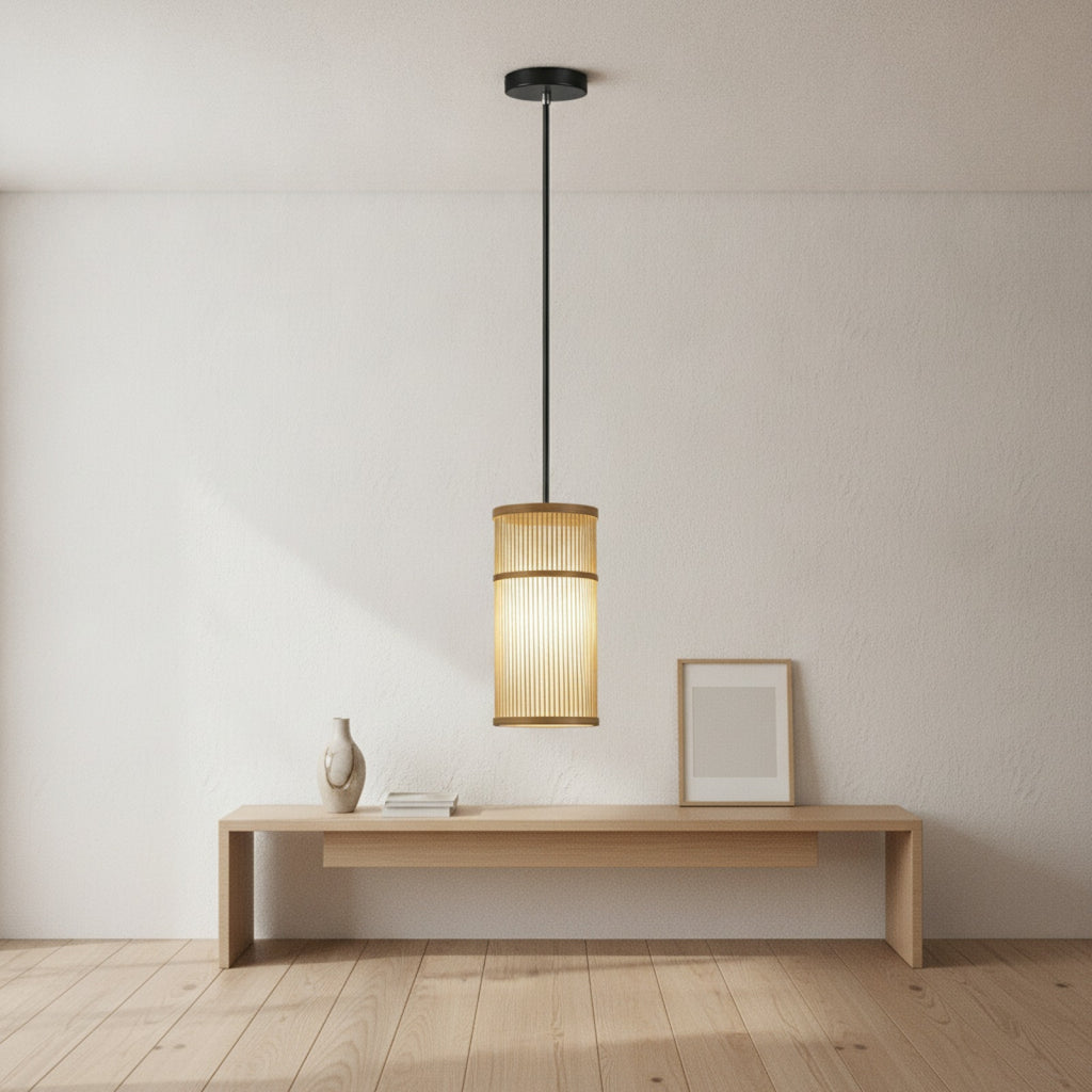 Lampe Suspendue Design Bambou Rotin Osier - Tressage Artisanal, Ø 16x33cm