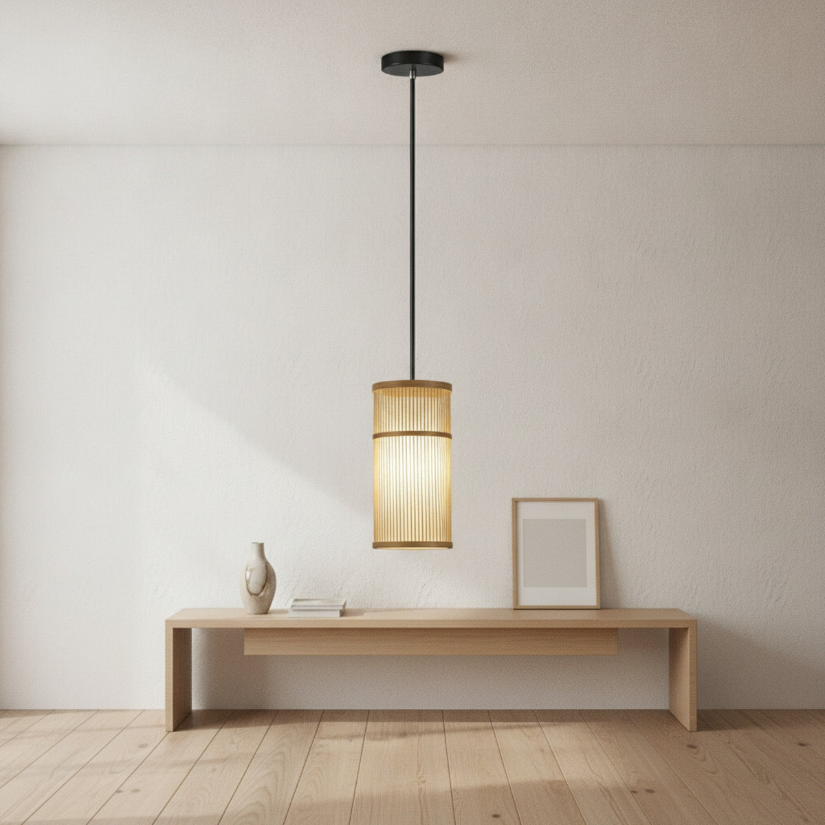 Lampe Suspendue Design Bambou Rotin Osier - Tressage Artisanal, Ø 16x33cm