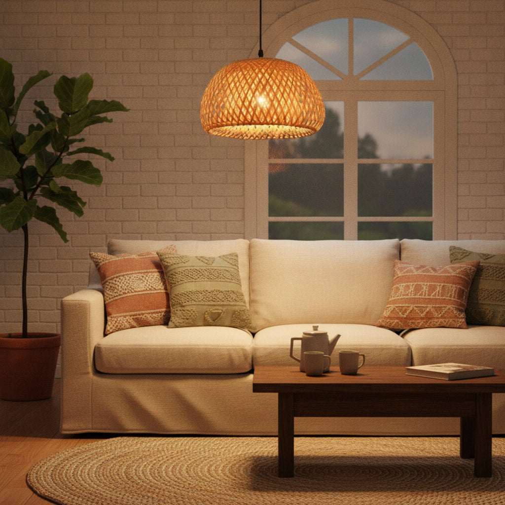 Lampe Suspension Bambou & Rotin Naturel - Luminaire Tissé Main Style Bohème