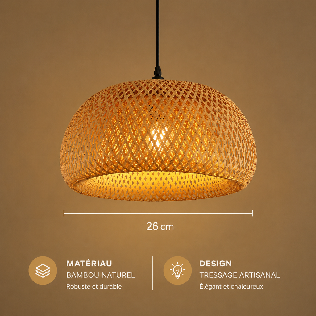Lampe Suspension Bambou & Rotin - Luminaire Tissé Main Style Bohème