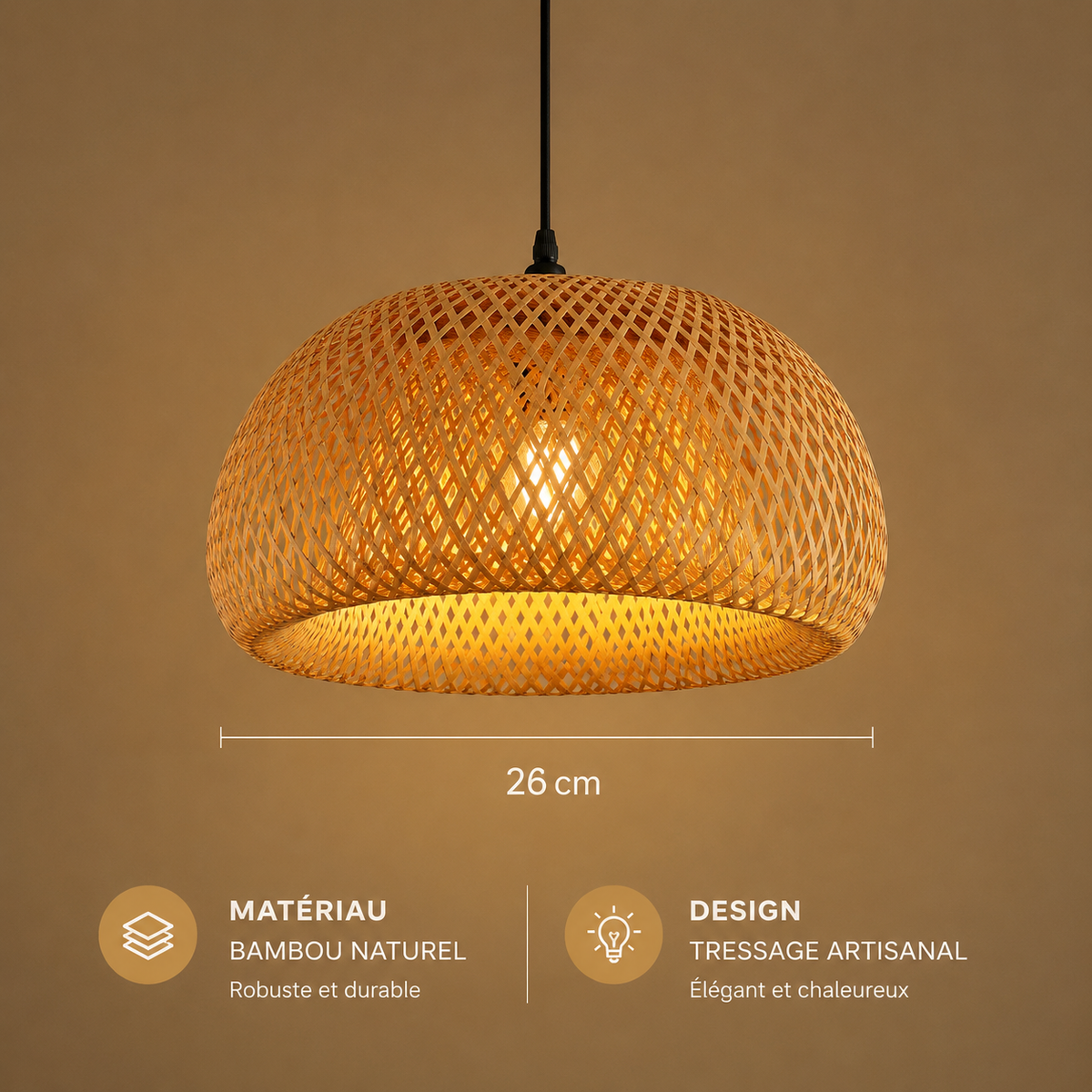 Lampe Suspension Bambou & Rotin - Luminaire Tissé Main Style Bohème